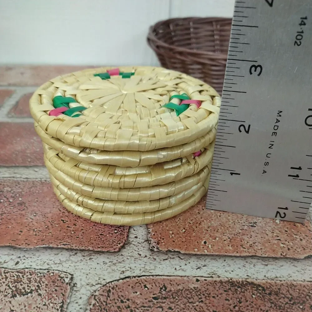 Set of 6 Woven‎ Drink Coasters - Wicker Rattan / Bohemian (+ Basket)